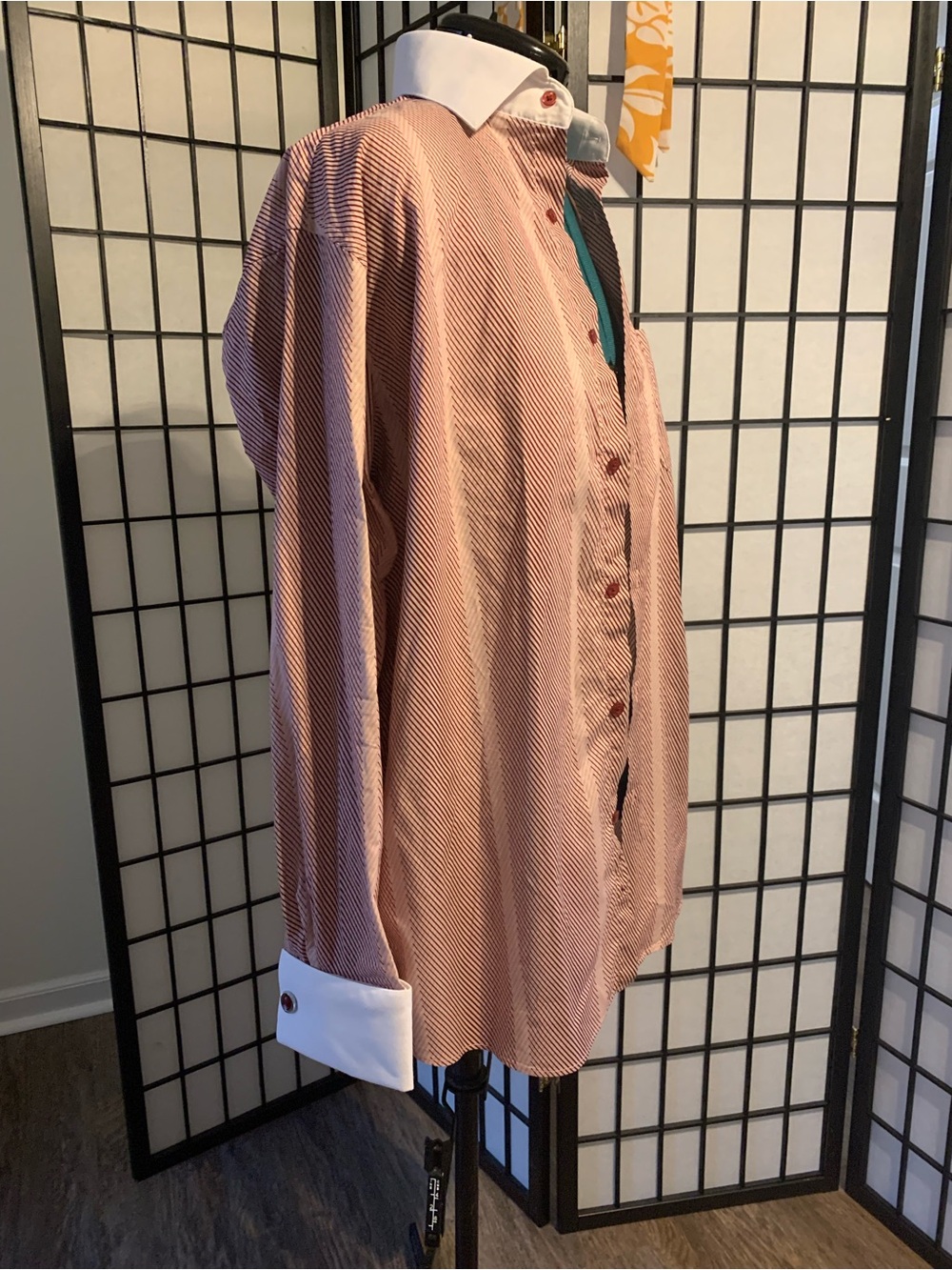 Men's Pink Dress Shirt with Burgundy Stripe Pattern and White Contrast Cuffs